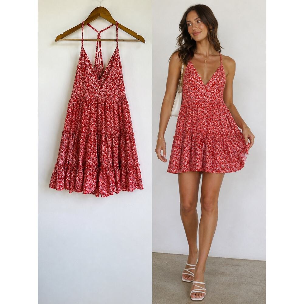 Red Floral Tiered Mini Dress Strappy Back Boho Summer Y2K Style Sundress Medium